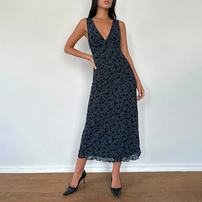 Damen Maxikleid mit tiefem V-Ausschnitt und floralem Spitzenmuster R&B