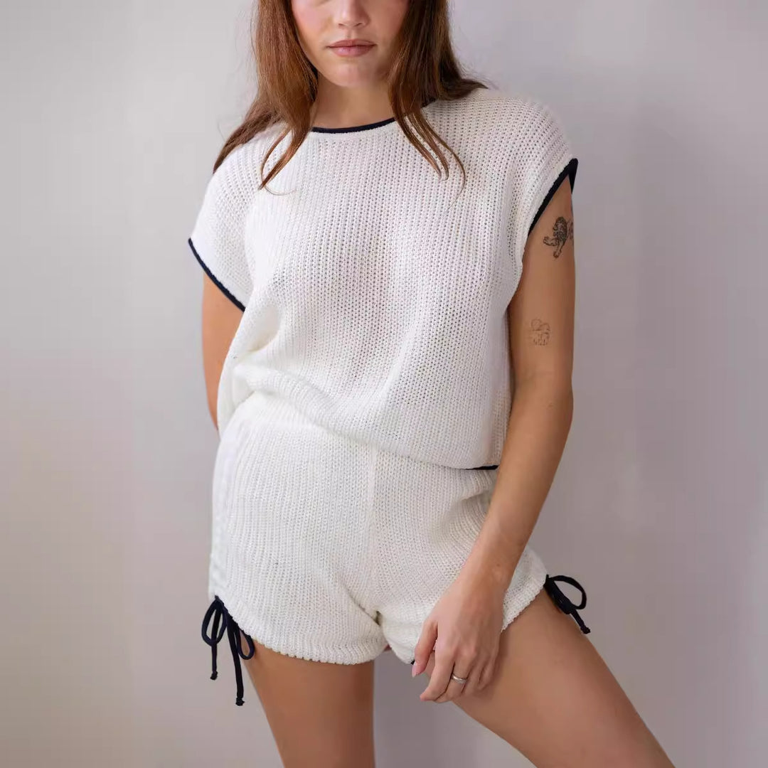 Damen Strickshorts-Set mit kontrastierenden Details und lockerem Schnitt R&B