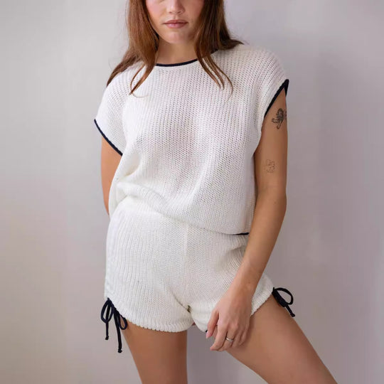 Damen Strickshorts-Set mit kontrastierenden Details und lockerem Schnitt R&B