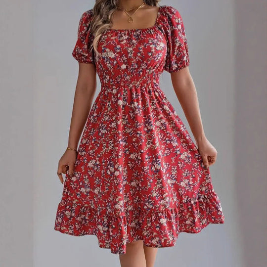 Damen sommerliches Blumenkleid mit Puffärmeln und Rüschensaum R&B