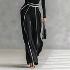 Damen nan elegantes Strickset mit tailliertem Rollkragenoberteil und weiter Plisseehose mit Taillengürtel R&B