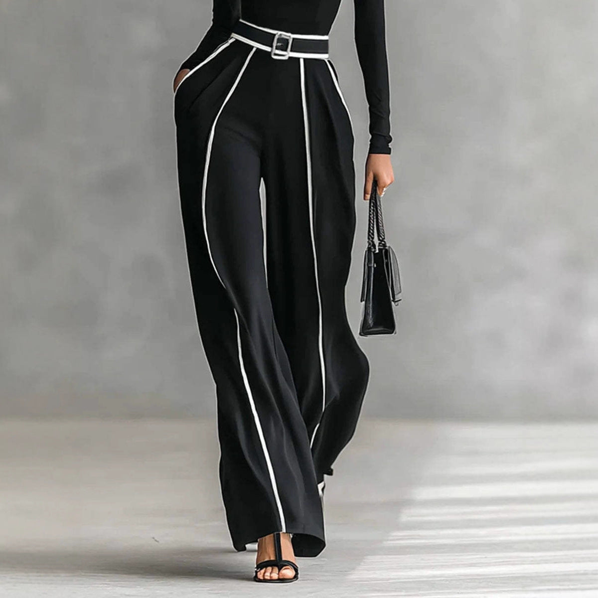 Damen nan elegantes Strickset mit tailliertem Rollkragenoberteil und weiter Plisseehose mit Taillengürtel R&B