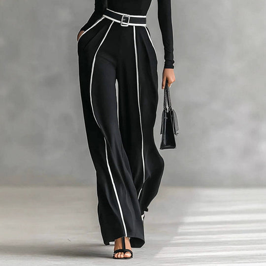 Damen nan elegantes Strickset mit tailliertem Rollkragenoberteil und weiter Plisseehose mit Taillengürtel R&B