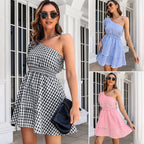 Damen Langarm-Kleid mit einseitigem Träger und lässigem Karomuster R&B