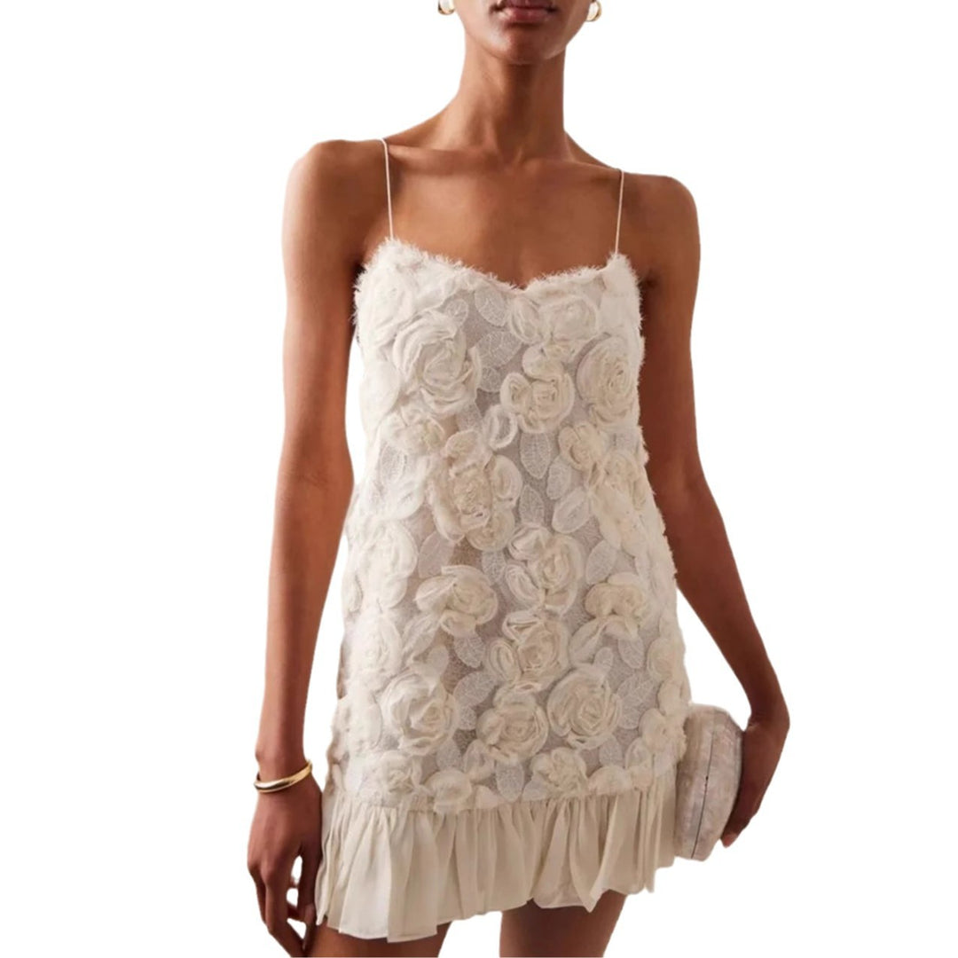 Damen Kleid mit floralen Applikationen und gerafftem Saum R&B