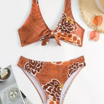 Damen Crop-Bikini mit floralem Knötchen-Design R&B