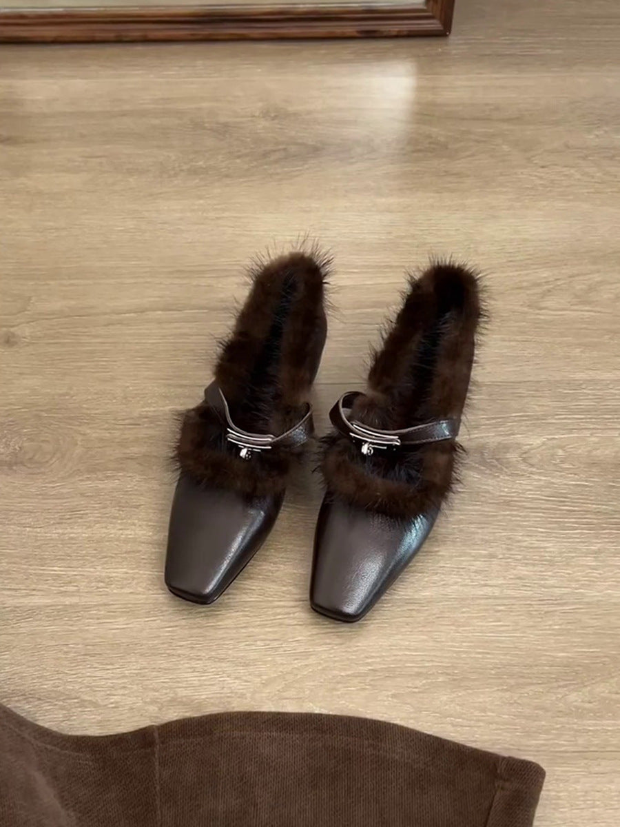 Damen elegante Stiefeletten mit luxuriösem Fellbesatz und modischem Riemen R&B