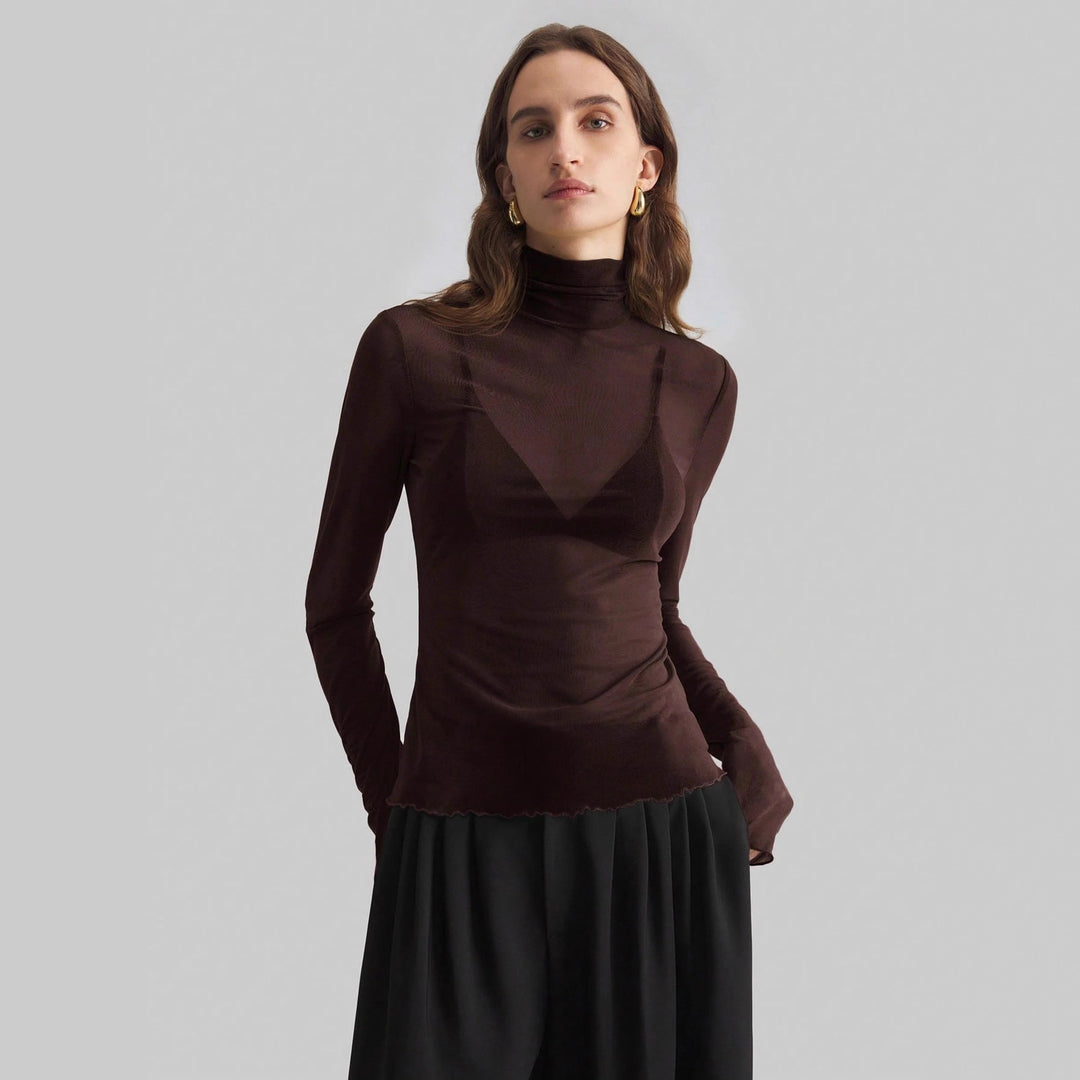 Damen nan feines transparentes Mesh-Langarmtop mit Rollkragen und figurbetonter Passform R&B