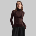 Damen nan feines transparentes Mesh-Langarmtop mit Rollkragen und figurbetonter Passform R&B