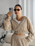 Damen nan kurzes Kapuzen-Loungewear-Set mit durchgehendem Reißverschluss, elastischem Komfortbund und gerippter Struktur R&B