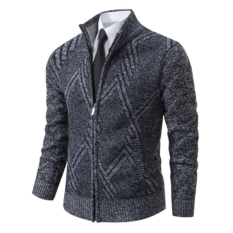 Herren elegante Strickjacke mit strukturiertem Zopfmuster und hochschließendem Kragen R&B