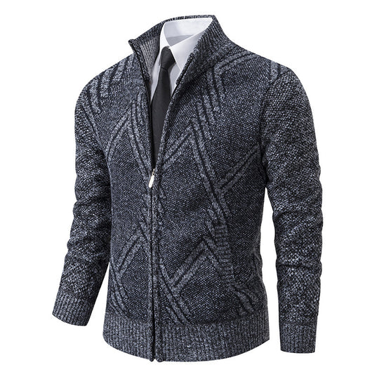 Herren elegante Strickjacke mit strukturiertem Zopfmuster und hochschließendem Kragen R&B