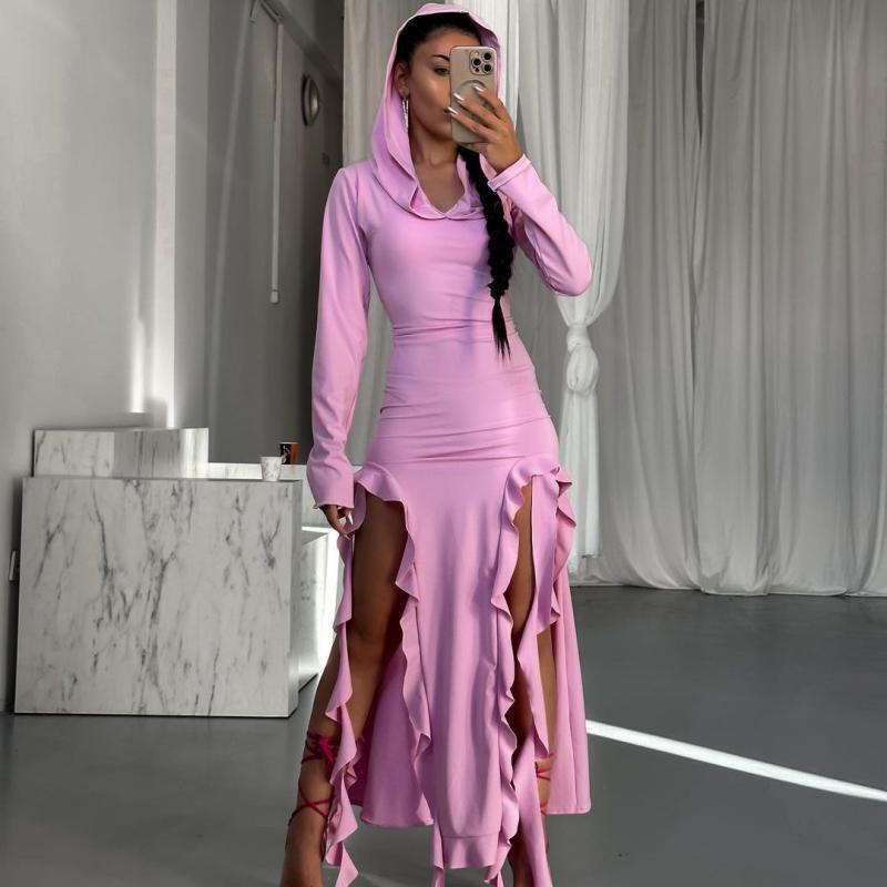 Damen Langarm Maxikleid mit Kapuze und Rüschendetails R&B