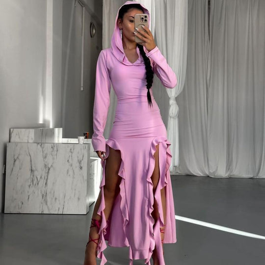 Damen Langarm Maxikleid mit Kapuze und Rüschendetails R&B