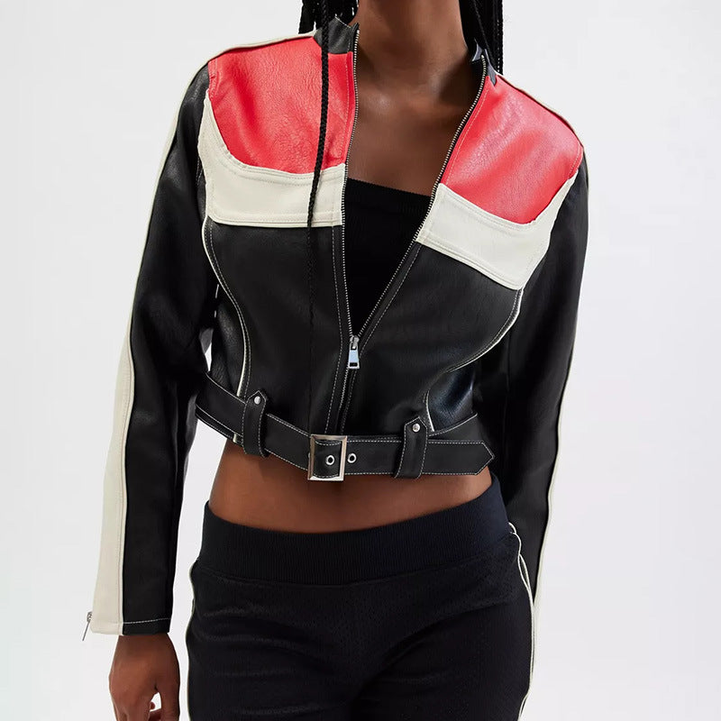 Damen kunstlederne Bikerjacke mit dezenten Kontraststreifen R&B