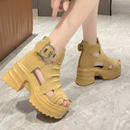 Damen nan Plateau-Sandaletten-Stiefelette mit Aussparungen offener Zehenpartie und verstellbarer Metallschnalle R&B
