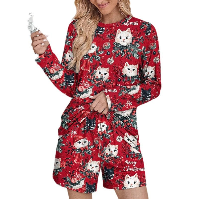 Damen Lustiges Weihnachts-Pyjama-Set mit Katzenmotiv R&B