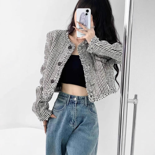Damen trendige Bouclé-Jacke mit dekorativen Knöpfen und lässigem Schnitt R&B
