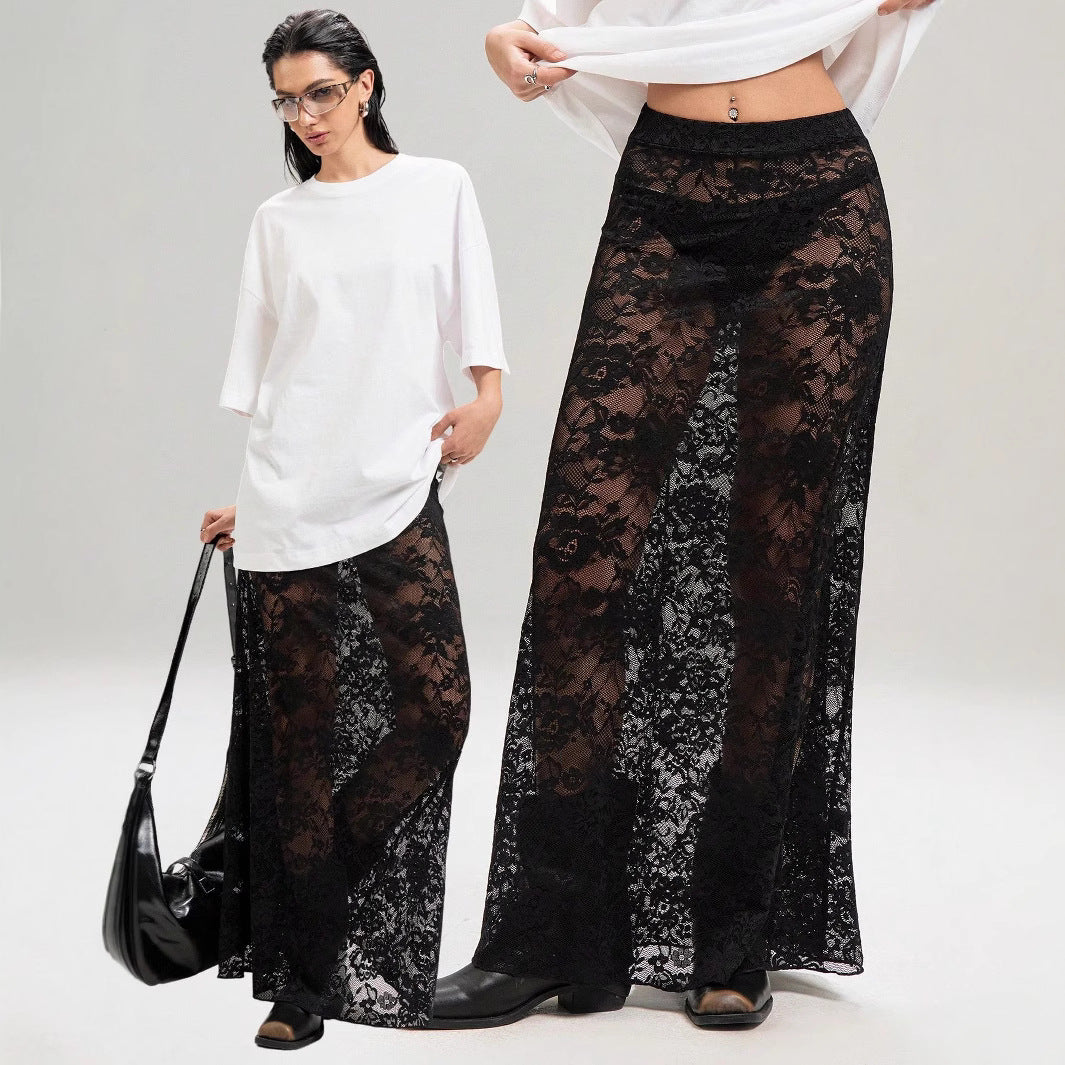 Damen nan weites Baumwollshirt und langer transparenter Spitzenrock R&B