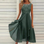 Damen nan ärmelloses Chiffon-Midikleid mit bestickter Illusionsspitze, Schiff-Ausschnitt und mehrlagigem Schwingrock R&B