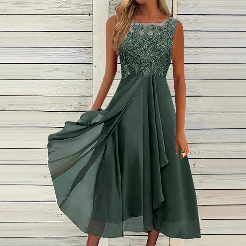 Damen nan ärmelloses Chiffon-Midikleid mit bestickter Illusionsspitze, Schiff-Ausschnitt und mehrlagigem Schwingrock R&B