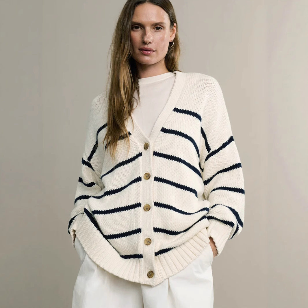 Damen Strickcardigan mit V-Ausschnitt und groben Streifen R&B