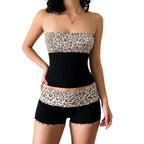 Damen Bandeau-Bikini-Set mit modischem Leopardenmuster und bequemen Shorts R&B
