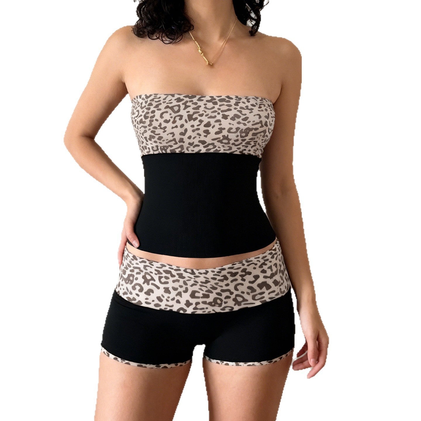Damen Bandeau-Bikini-Set mit modischem Leopardenmuster und bequemen Shorts R&B