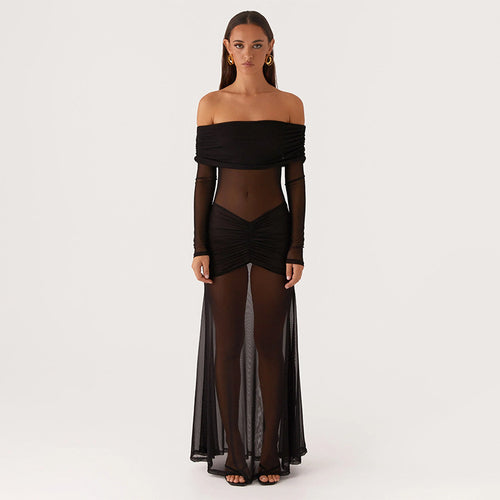 Damen durchsichtiges Maxikleid mit schulterfreiem Design und Rüschungen R&B