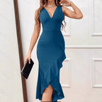 Damen Midikleid mit V-Ausschnitt und asymmetrischem Rüschensaum R&B