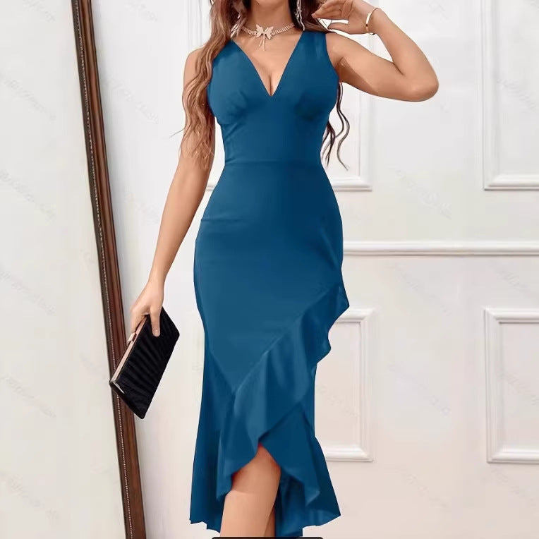 Damen Midikleid mit V-Ausschnitt und asymmetrischem Rüschensaum R&B