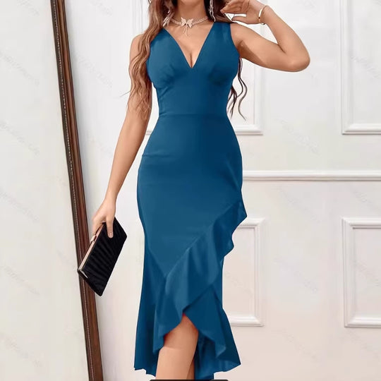 Damen Midikleid mit V-Ausschnitt und asymmetrischem Rüschensaum R&B