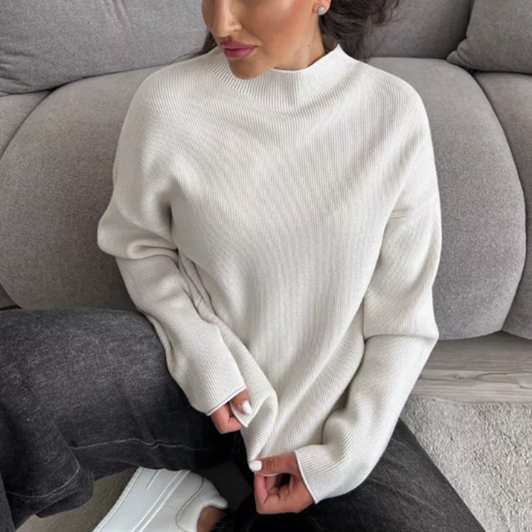 Damen Modernes Strickoberteil mit hochgeschlossenem Kragen und feinem Rippenmuster