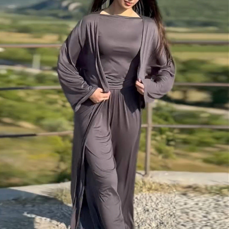 Damen lässiger Maxikleid-Anzug mit offenem Cardigan R&B