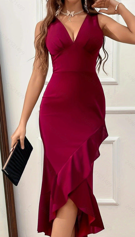 Damen Wickelkleid mit V-Ausschnitt und asymmetrischem Saum R&B