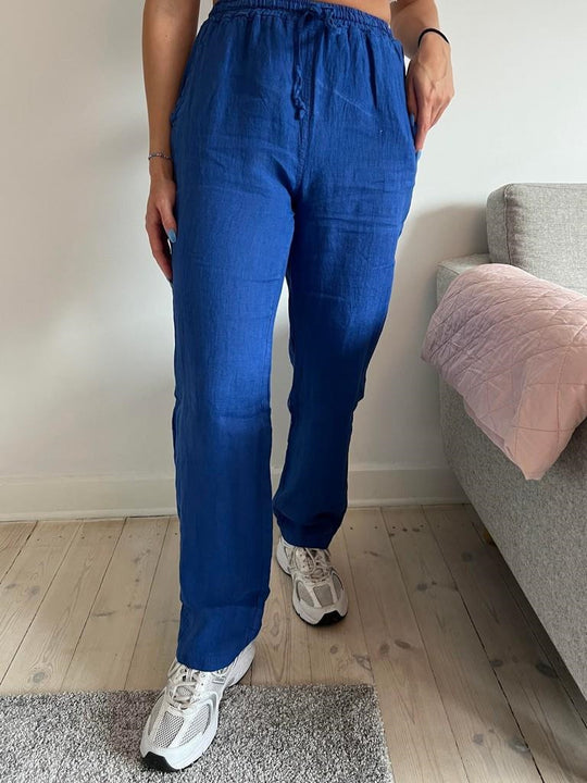 Damen lockere Leinenhose mit elastischem Bund und seitlichen Taschen R&B