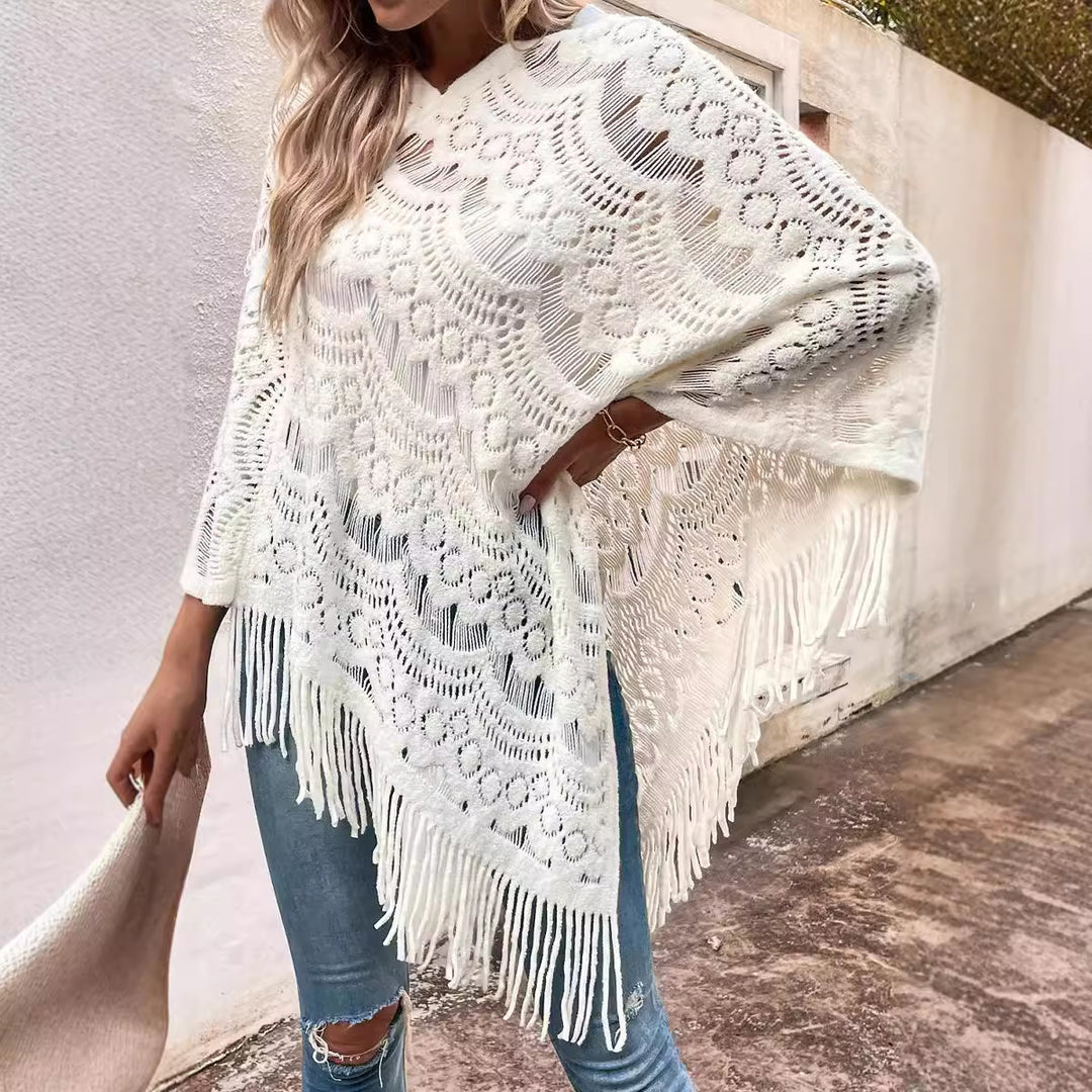 Damen Strickponcho mit auffälligem Häkelmuster und modischen Fransen R&B