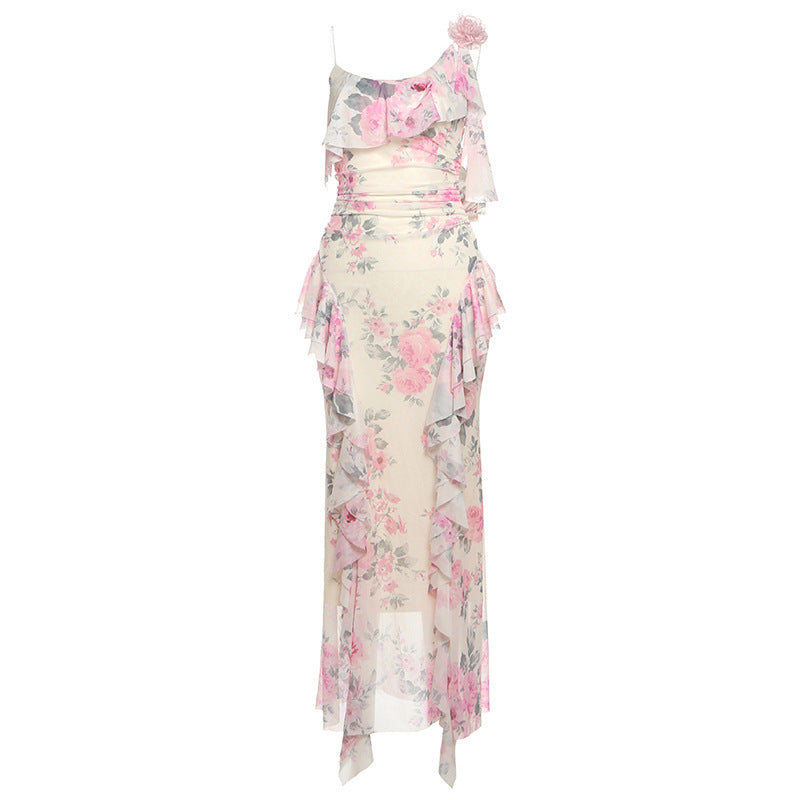 Damen Elegantes Fließendes Abendkleid mit Rüschendetails R&B
