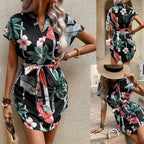 Damen lässiges Kurzarmkleid mit Bindegürtel und floralem Muster R&B