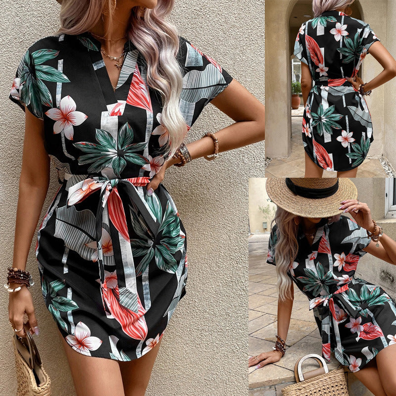 Damen lässiges Kurzarmkleid mit Bindegürtel und floralem Muster R&B