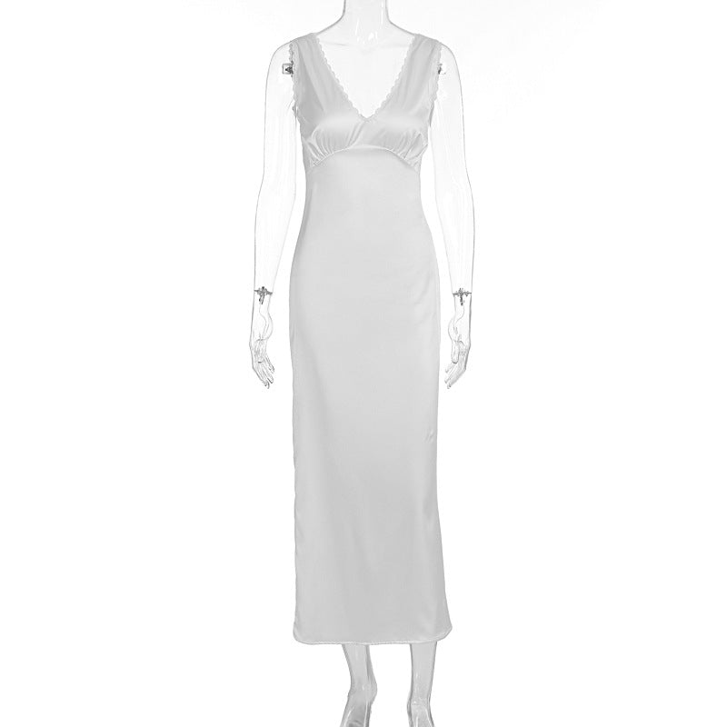 Damen elegantes Satin-Nachtkleid mit tiefem V-Ausschnitt und breiten Trägern R&B