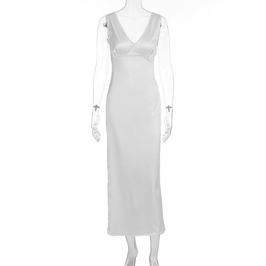 Damen elegantes Satin-Nachtkleid mit tiefem V-Ausschnitt und breiten Trägern R&B