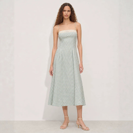 Damen nan Vintage-inspiriertes Midikleid mit schmalen Spaghettiträgern, Spitzenpassé und ausgestelltem Tellerrock R&B