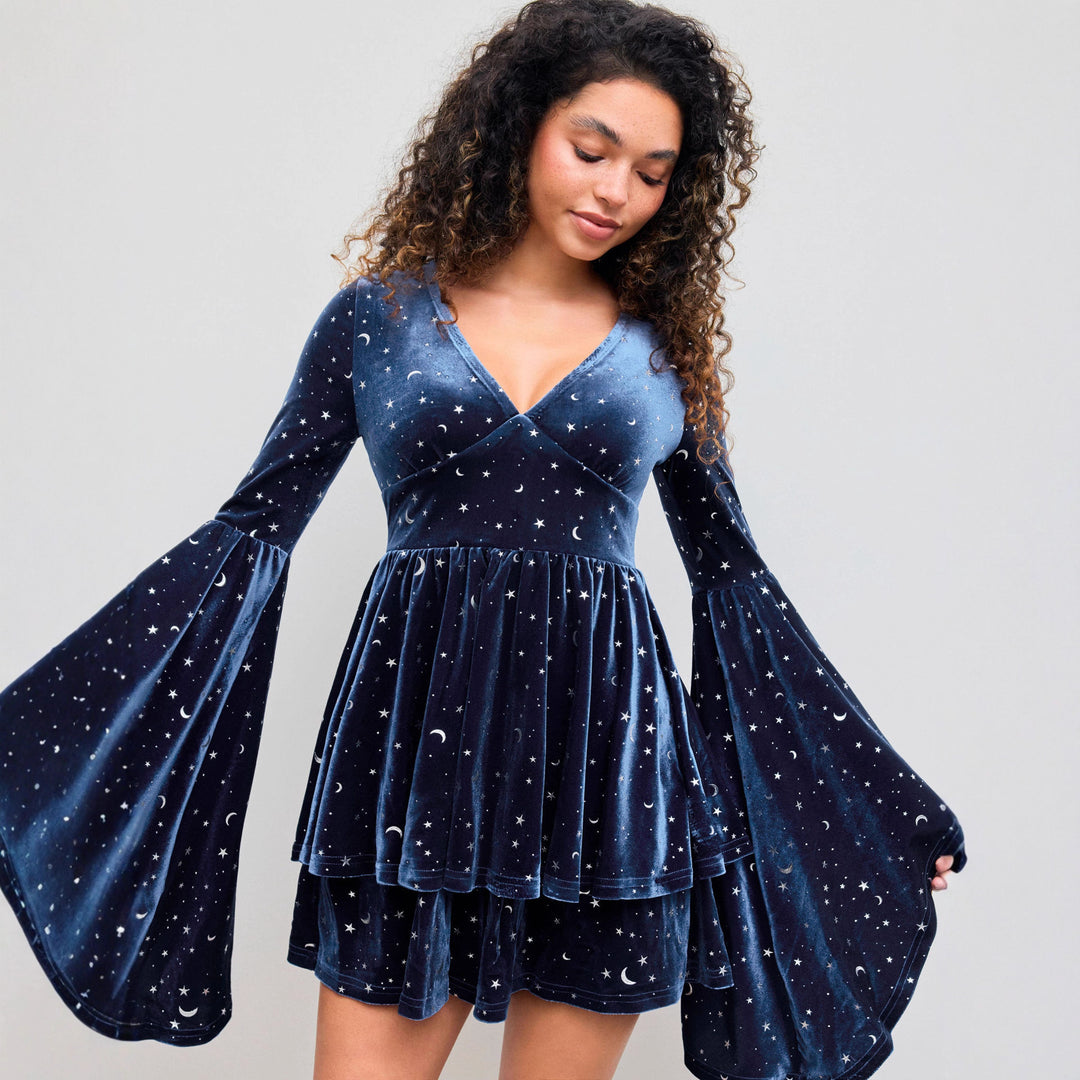 Damen Kurzes Samtkleid mit weitem Rock und aufregendem Sternenprint R&B