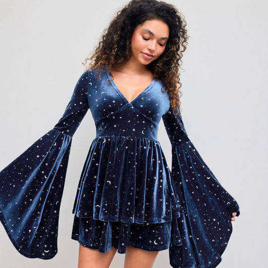 Damen Kurzes Samtkleid mit weitem Rock und aufregendem Sternenprint R&B