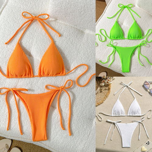 Damen Triangel-Bikini mit elastischen Bindebändern und Ripp-Optik R&B
