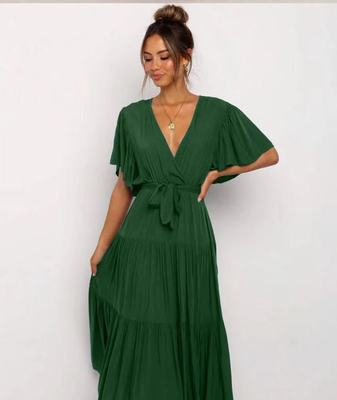 Damen Maxikleid mit tiefem V-Ausschnitt und schwingenden Ärmeln R&B
