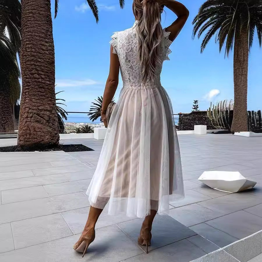 Damen Elegantes Spitzenkleid mit transparentem Rock und hohem Kragen R&B