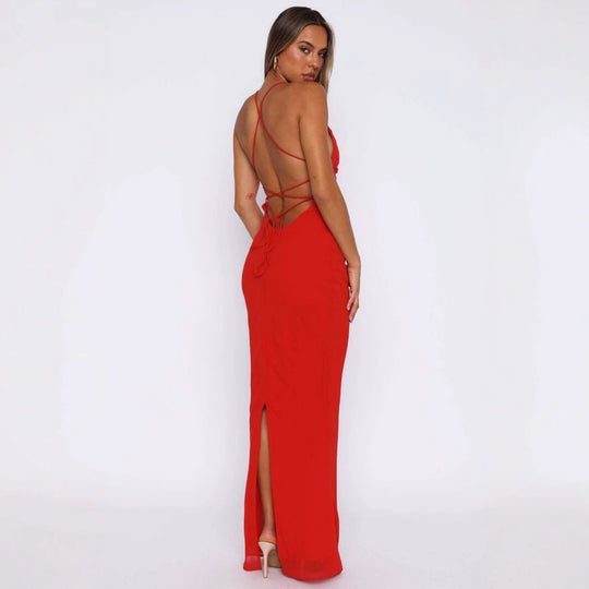 Damen Elegantes Maxikleid mit tiefem V-Ausschnitt und Spaghettiträgern R&B