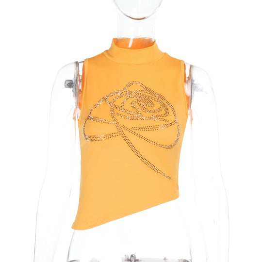 Damen elegantes Fitness-Crop-Top mit glitzerndem Design und Stehkragen R&B